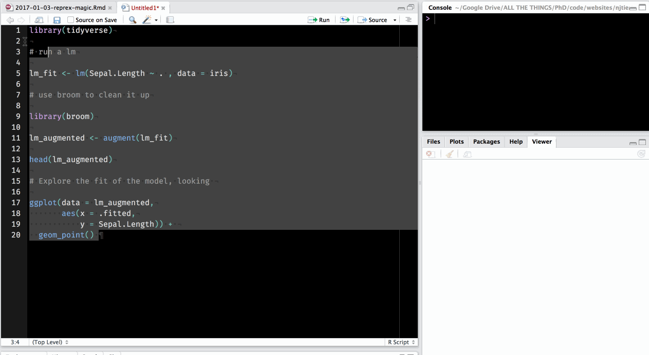 Gif of reprex copying code, running reprex, and demonstrating the html preview of the code text