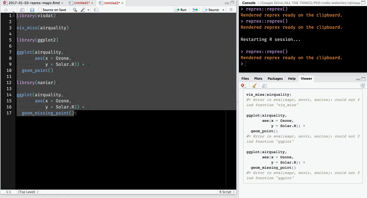 Gif of reprex copying code, running reprex, and demonstrating the html preview of the code text using visdat, naniar, and ggplot2 packages