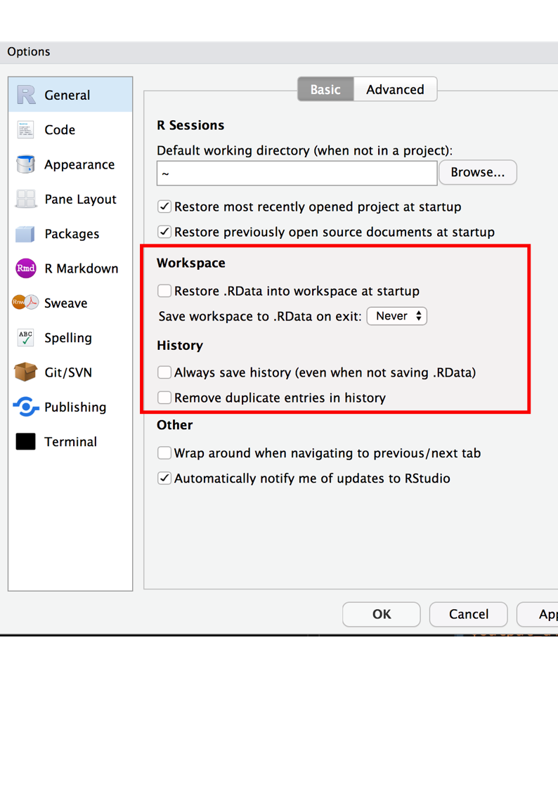 Setting the options right for rstudio, so you don't restore previous sessions work, and don't save it either.